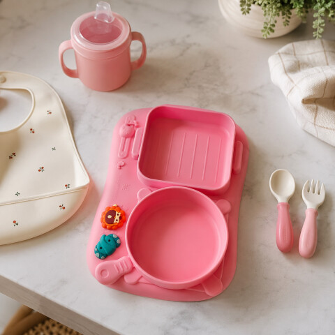 Plato Infantil Silicona Divisiones Antideslizante Bebé Rosa 1