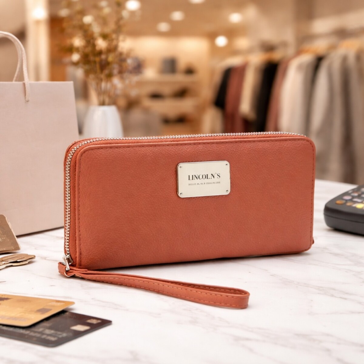 Billetera de Dama en Cuero Ecológico Grande con Cierre - Ladrillo 