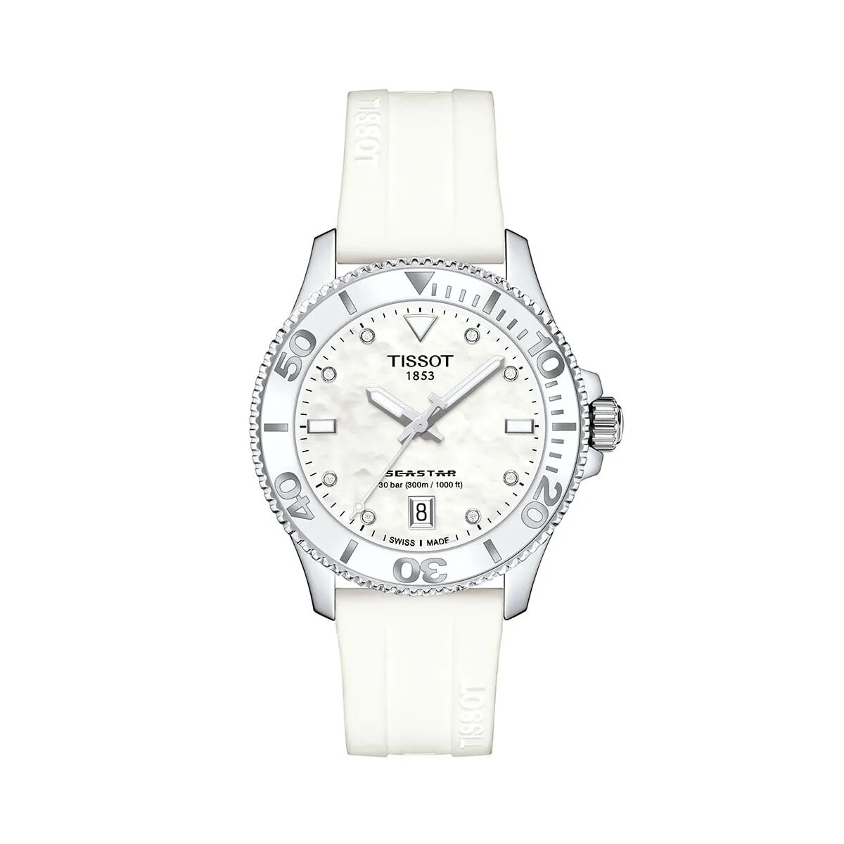 Reloj Tissot Seastar T1202101105100 para dama con correa de acero - Blanco 