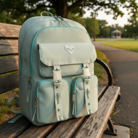 Mochila Trendy Urbana Dama Liviana Con Bolsillos Verde Agua