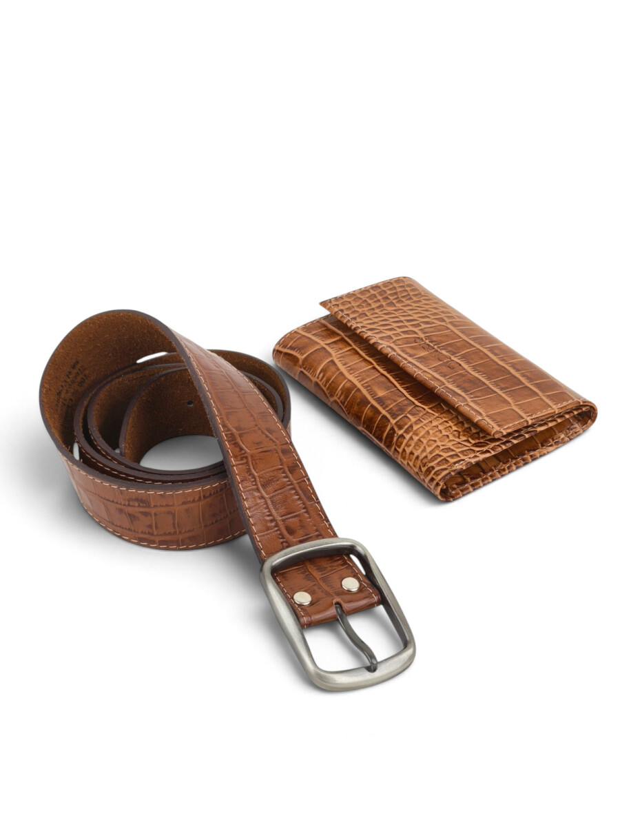 Set de Cinto y Billetera de Cuero Genuino - marrón 