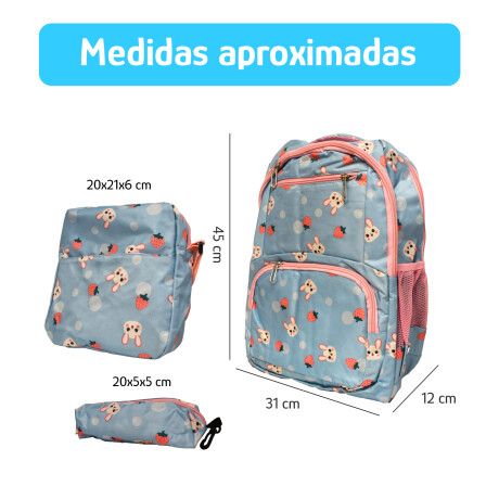 Set Mochila 3 Piezas Diseño Frutillitas Escolar Resistente Celeste