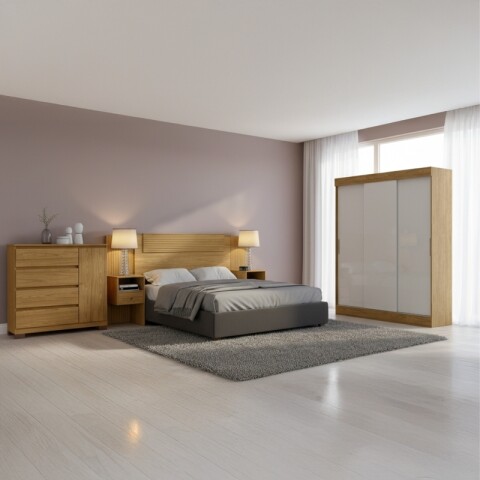 Combo de Dormitorio Ropero Sirius 3 Puertas Corredizas Respaldo Oslo con Mesas de Luz y Cómoda Vega - Marrocos Off White Combo de Dormitorio Ropero Sirius 3 Puertas Corredizas Respaldo Oslo con Mesas de Luz y Cómoda Vega - Marrocos Off White