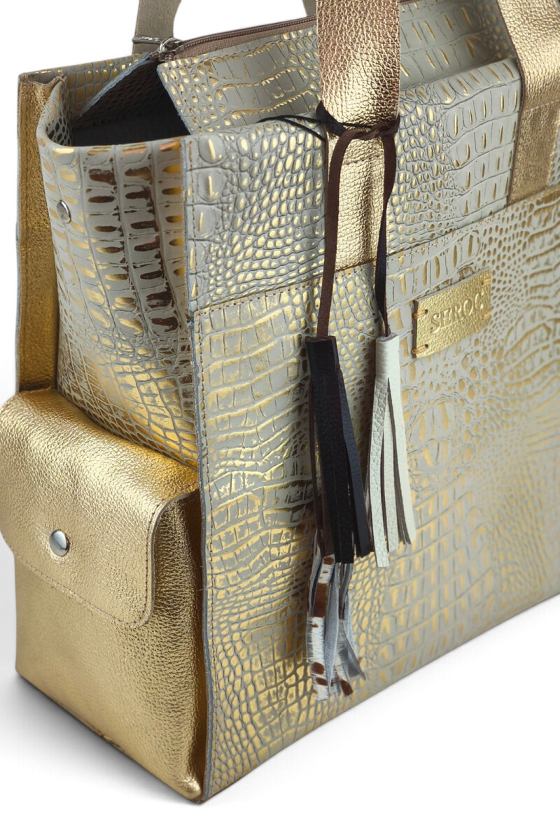 Bolso Tote de Cuero Vacuno y Pelo Natural Croco beige y dorado