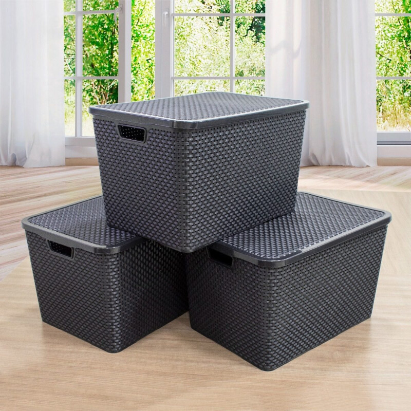 Caja Cesto Canasto Organizador Rattan 40lts Tapa - Grande Negro