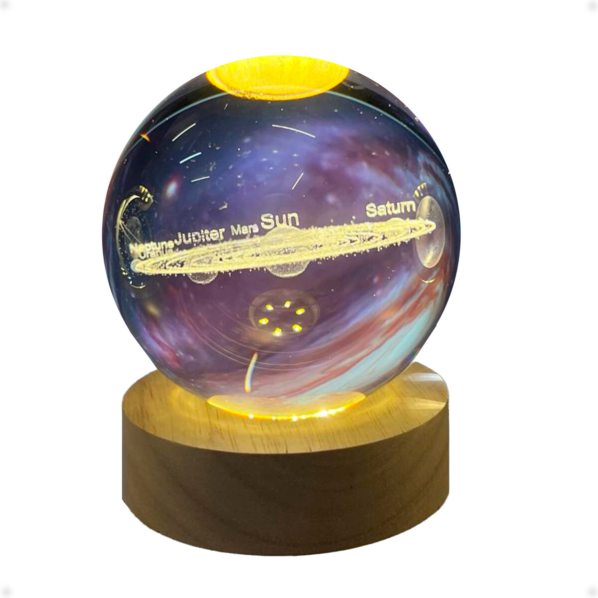 Lampara Veladora Bola de Cristal de 8 CM con Led y Base de Madera - Galaxia 