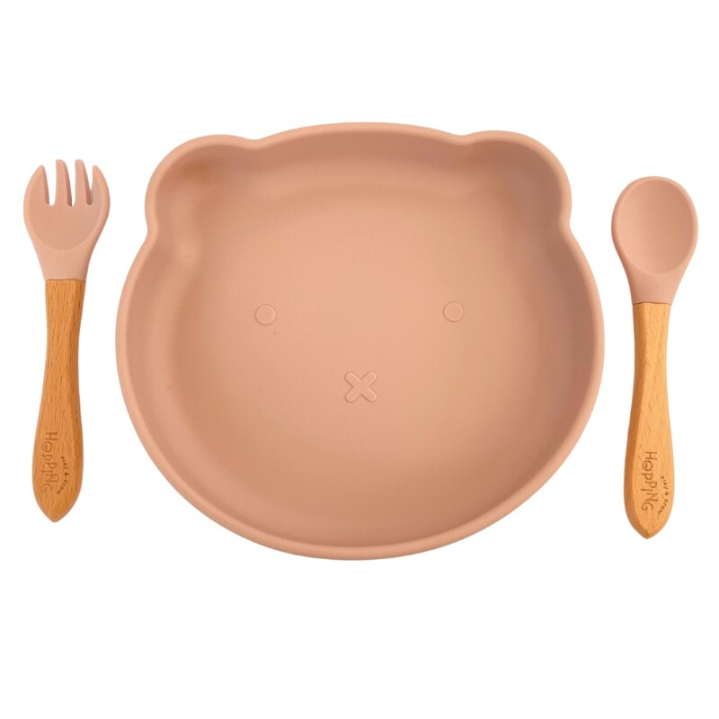 Plato Bear Silicona + Cubiertos Rosa Claro Hopping PLATO BEAR SILICONA + CUBIERTOS HOPPING / ROSA CLARO