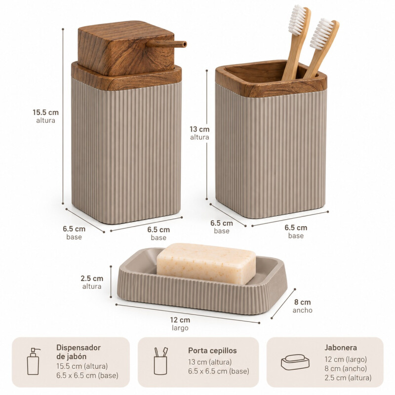 Set Baño 3 Piezas Dispensador Jabonera Porta Cepillos Beige Set Baño 3 Piezas Dispensador Jabonera Porta Cepillos Beige
