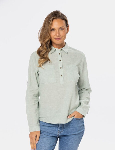 CAMISA DE LINO MEDIO BOTÓN Verde