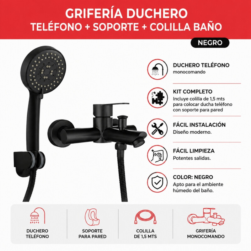 Grifería duchero teléfono + Soporte + Colilla baño NEGRO