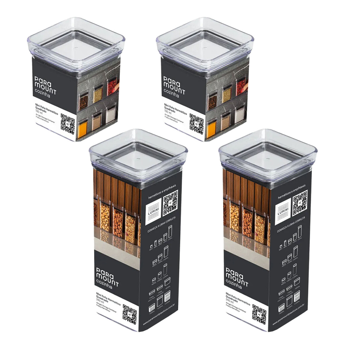 Kit Lumini X4 Mini Frascos Pote Hermético Cuadrado Apilable - Transparente 