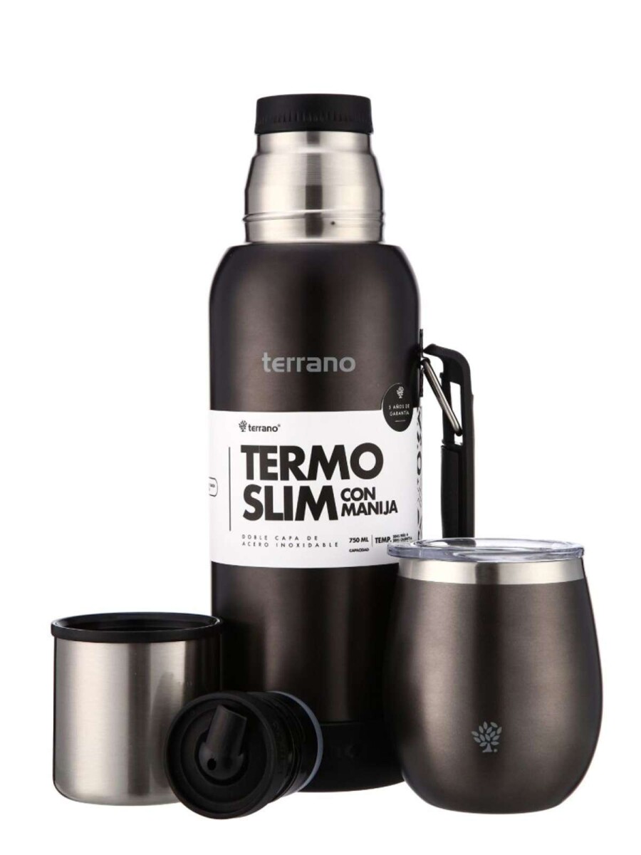 Kit Termo 750Ml. Slim Con Manija + Mate De Acero Con Tapa - Negro Metalizado 