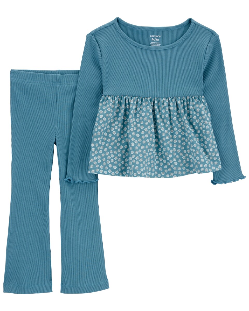 Set dos piezas de algodón acanalado, pantalón acampanado y blusa 