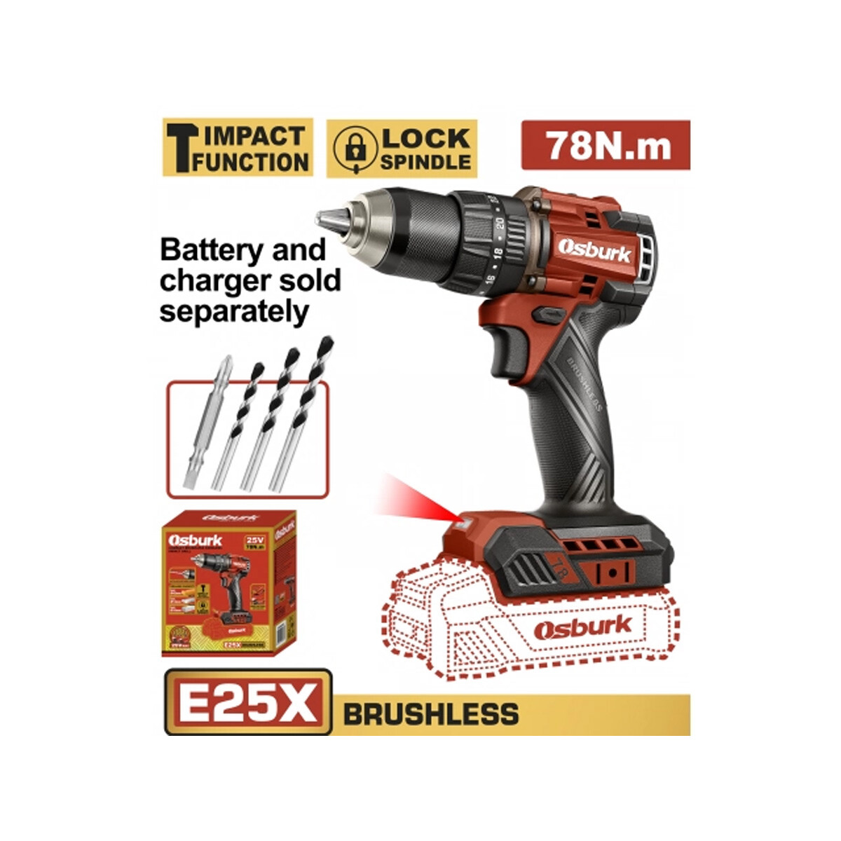TALADRO ATORNILLADOR C/PERCUTOR A BATERIA 78NM 25V E25X + 4 MECHAS SIN CARGADOR 