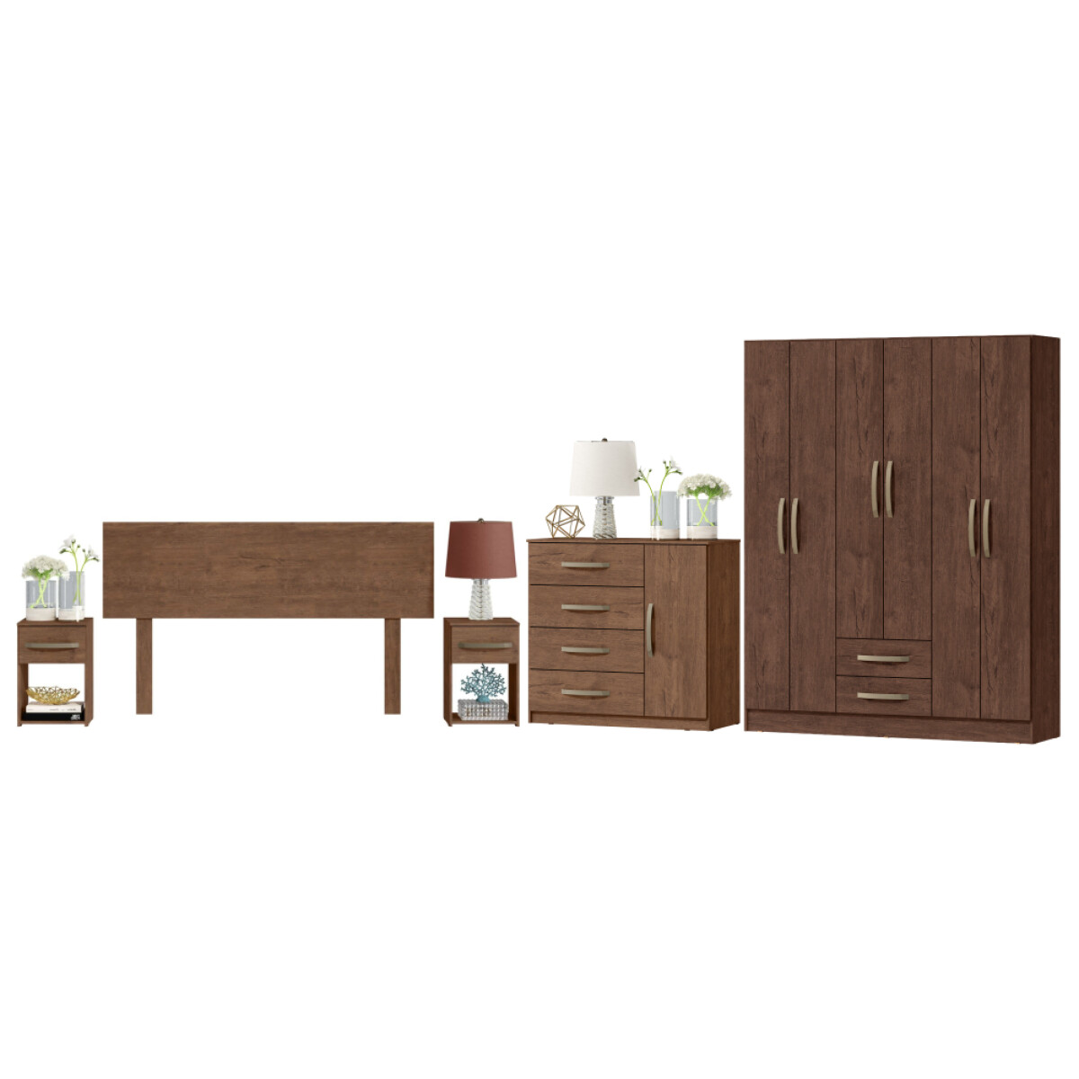 Combo Armario 6 Puertas, Respaldo, Mesas de luz, Cómoda - MDP - Dakar 