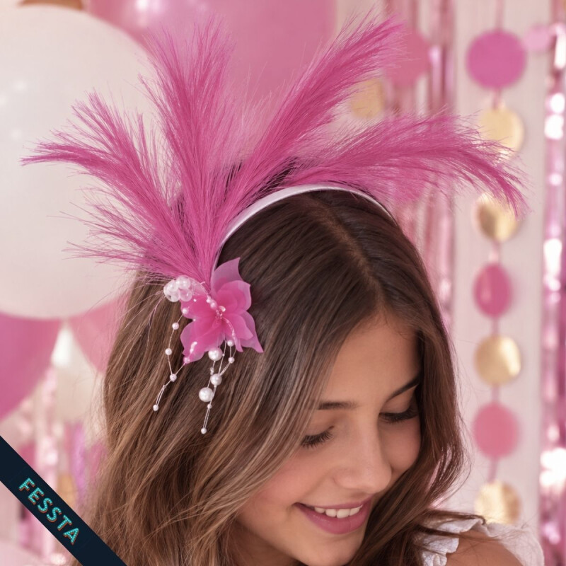 Vincha efecto pluma y aplique Rosado