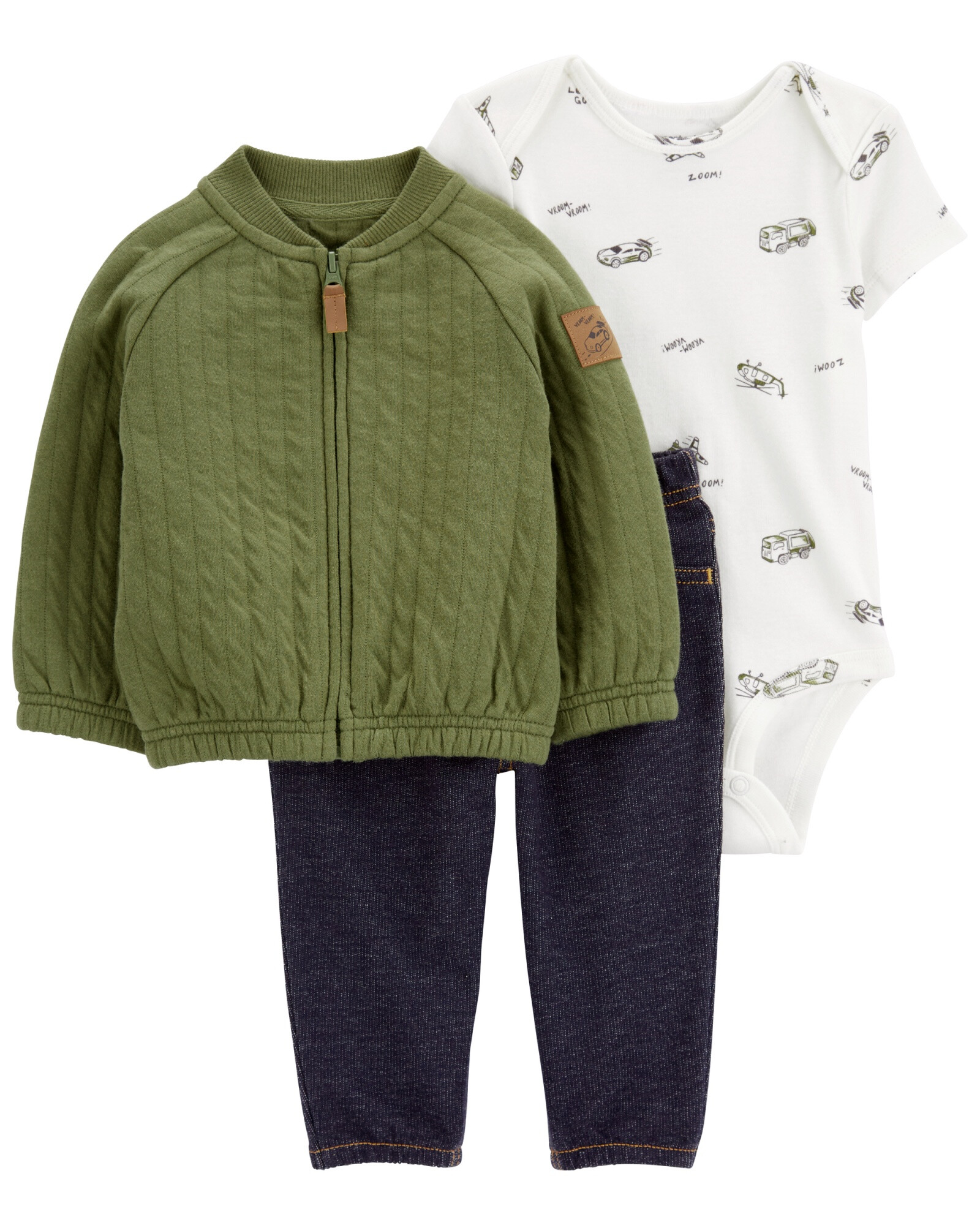 Set tres piezas, campera y body de algodón, más pantalón jean Set tres piezas, campera y body de algodón, más pantalón jean