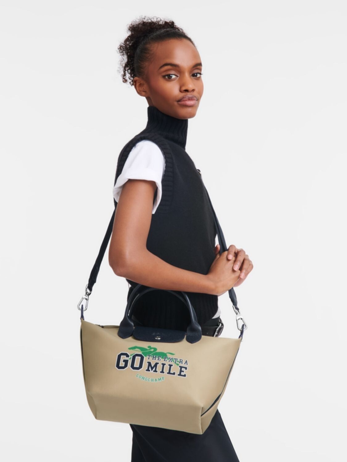 Longchamp- Cartera bandolera de gabardina de algodón S, Le pl¡age Negro Opaco