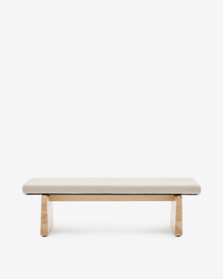 Banco Topaz de chenilla beige y madera maciza de fresno con acabado natural 150cm FSC 100%