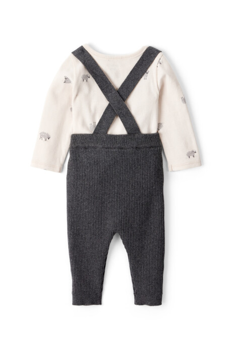 Set dos piezas de algodón, pantalón con tiradores y body, diseño ovejas Set dos piezas de algodón, pantalón con tiradores y body, diseño ovejas
