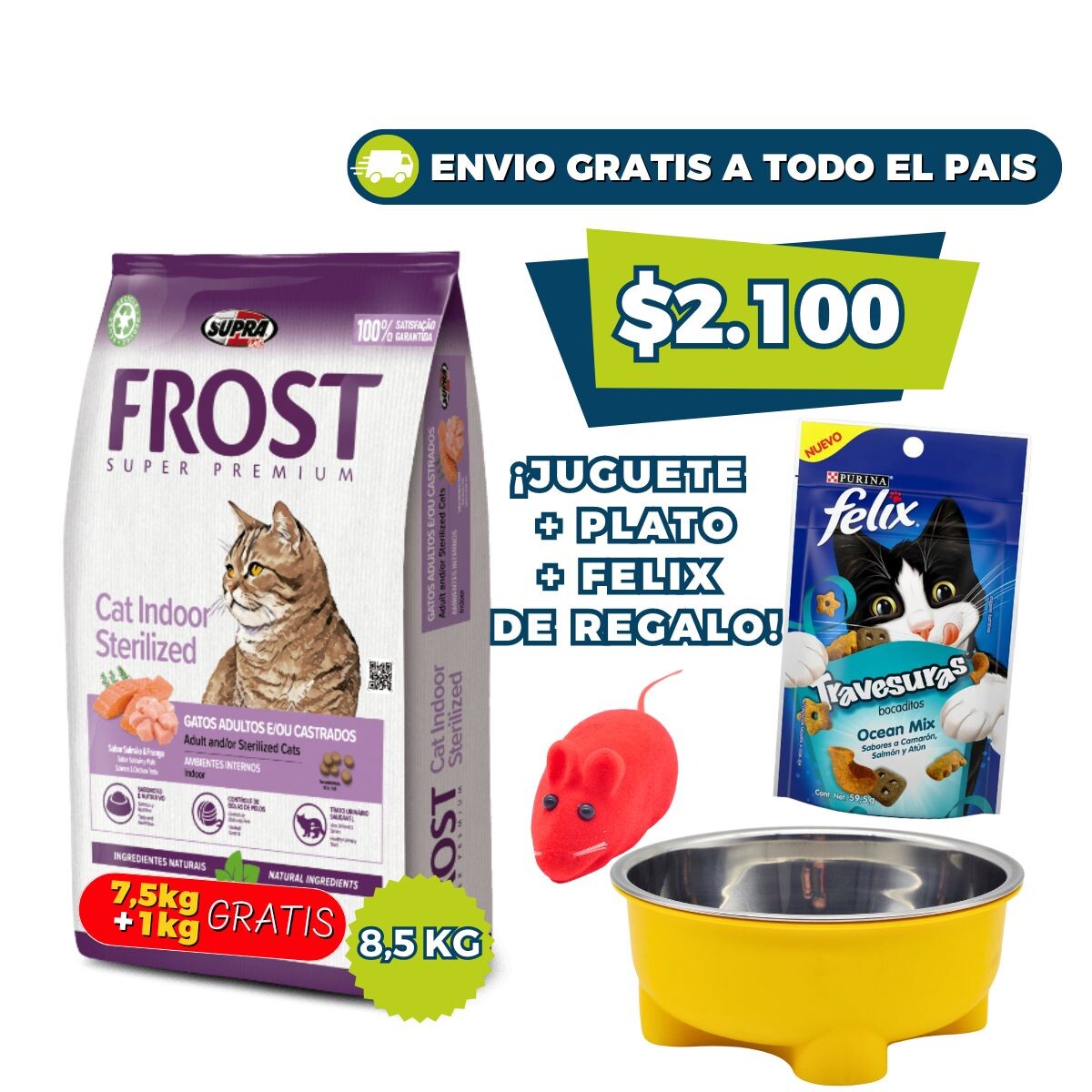 FROST GATOS ADULTOS Y/O CASTRADOS - 7.5 + 1 KG GRATIS + JUGUETE + COMEDERO + SNACKS FELIX DE REGALO 