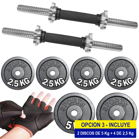 Set 2 Mancuernas Maciza Cromada + 20 Kilos + Guantes 2 Discos 5K + 4 Discos 2.5Kg