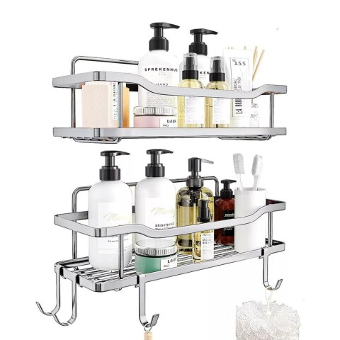 Organizador de Baño Adhesivo Repisa de Ducha con Ganchos Set x2 Plateado BAN003 Organizador de Baño Adhesivo Repisa de Ducha con Ganchos Set x2 Plateado BAN003