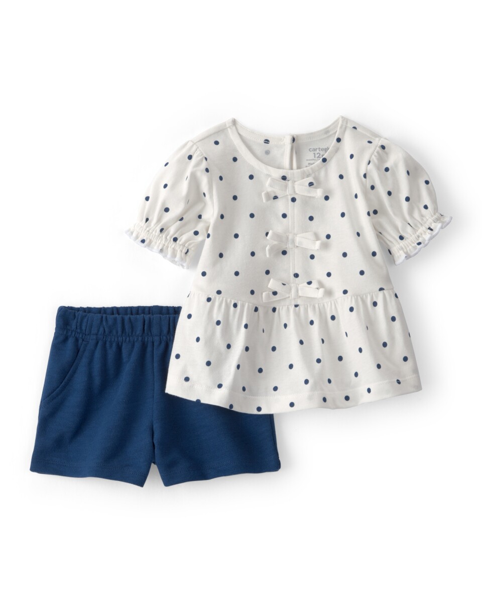 Set dos piezas de algodón, short y blusa, azul y blanco, diseño lunares. Talles 6-24M 
