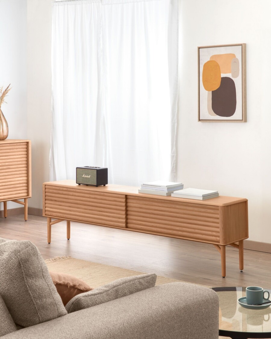 Mueble TV Lenon 200 x 57 cm de madera maciza y chapa de roble