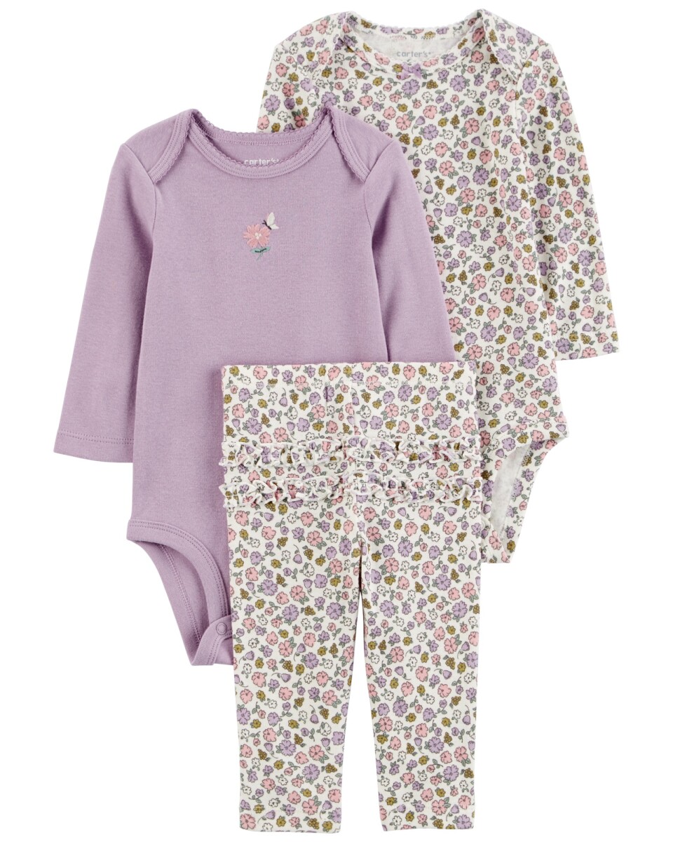 Set tres piezas de algodón, pantalón y dos bodies, diseño floral 