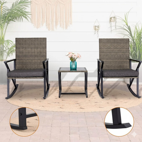 Juego Jardín Set X3 Silla Mecedora Ratán + Mesa Patio Marron