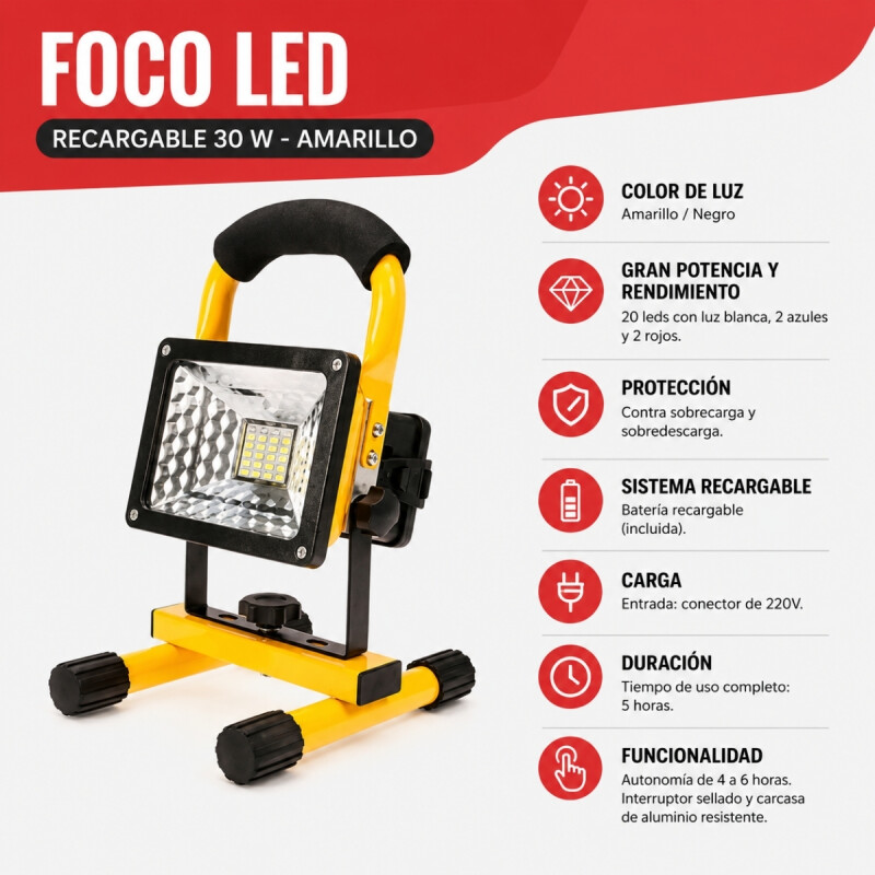 Foco led recargable 30 W AMARILLO