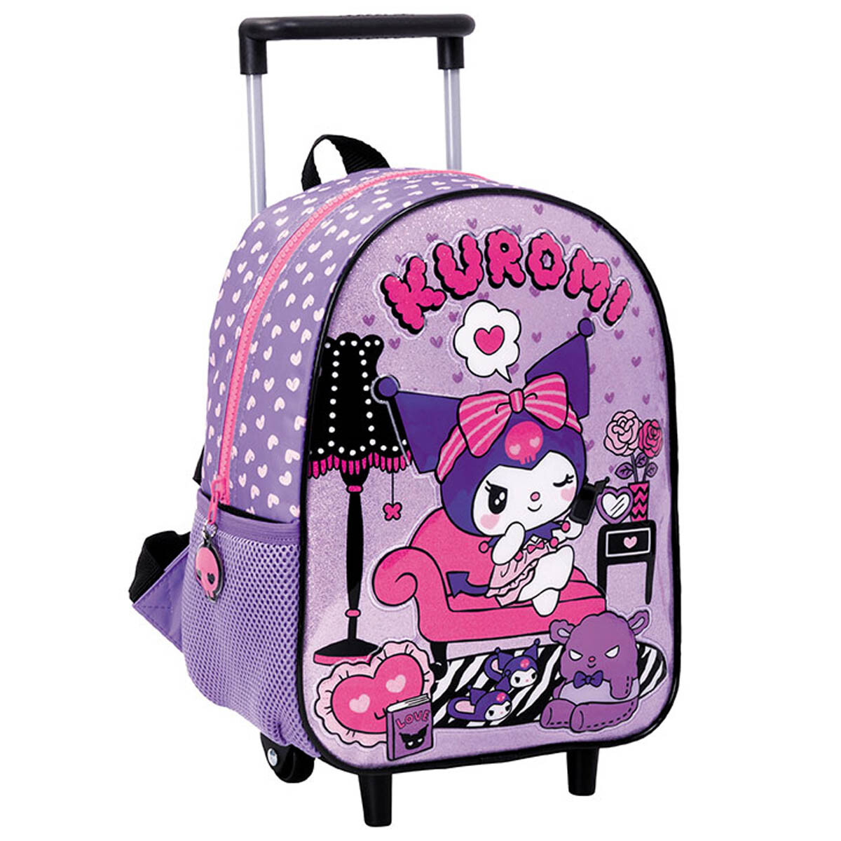 Mochila Infantil Kuromi C/carro 30cm Rueditas Escolar - Violeta 