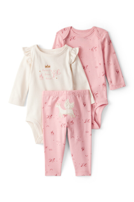 Set tres piezas de algodón, pantalón y dos bodies manga larga, diseño unicornios Set tres piezas de algodón, pantalón y dos bodies manga larga, diseño unicornios