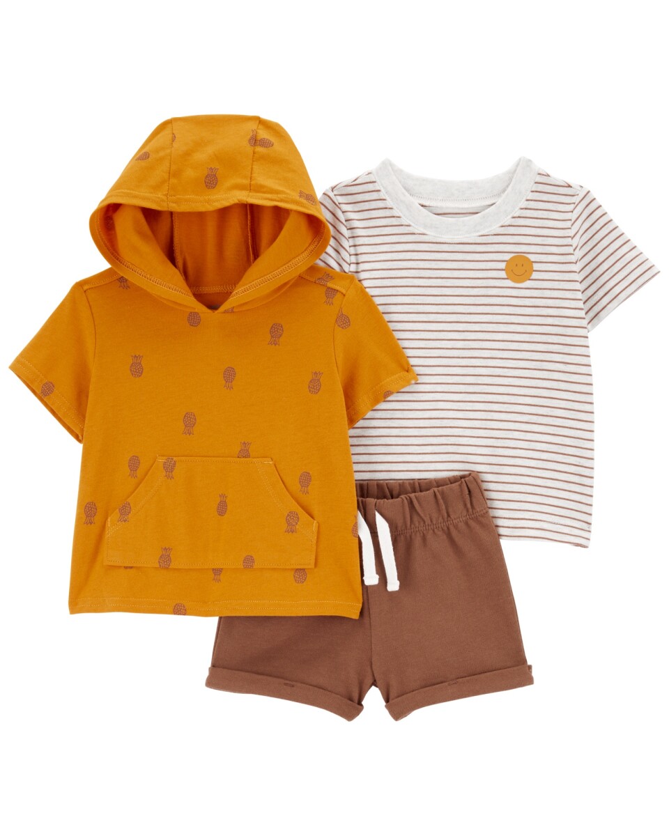 Set tres piezas de algodón, short, canguro y remera de mangas cortas 