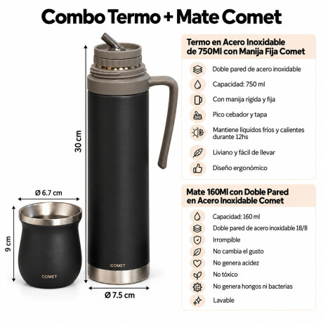 Set Termo 750Ml Manija Fija + Mate 160Ml Ac Inox Comet Negro