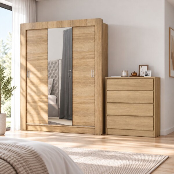 COMBO DORMITORIO - ROPERO 3 PUERTAS CORREDIZAS + ESPEJO + CÓMODA 4 CAJONES COMBO DORMITORIO - ROPERO 3 PUERTAS CORREDIZAS + ESPEJO + CÓMODA 4 CAJONES