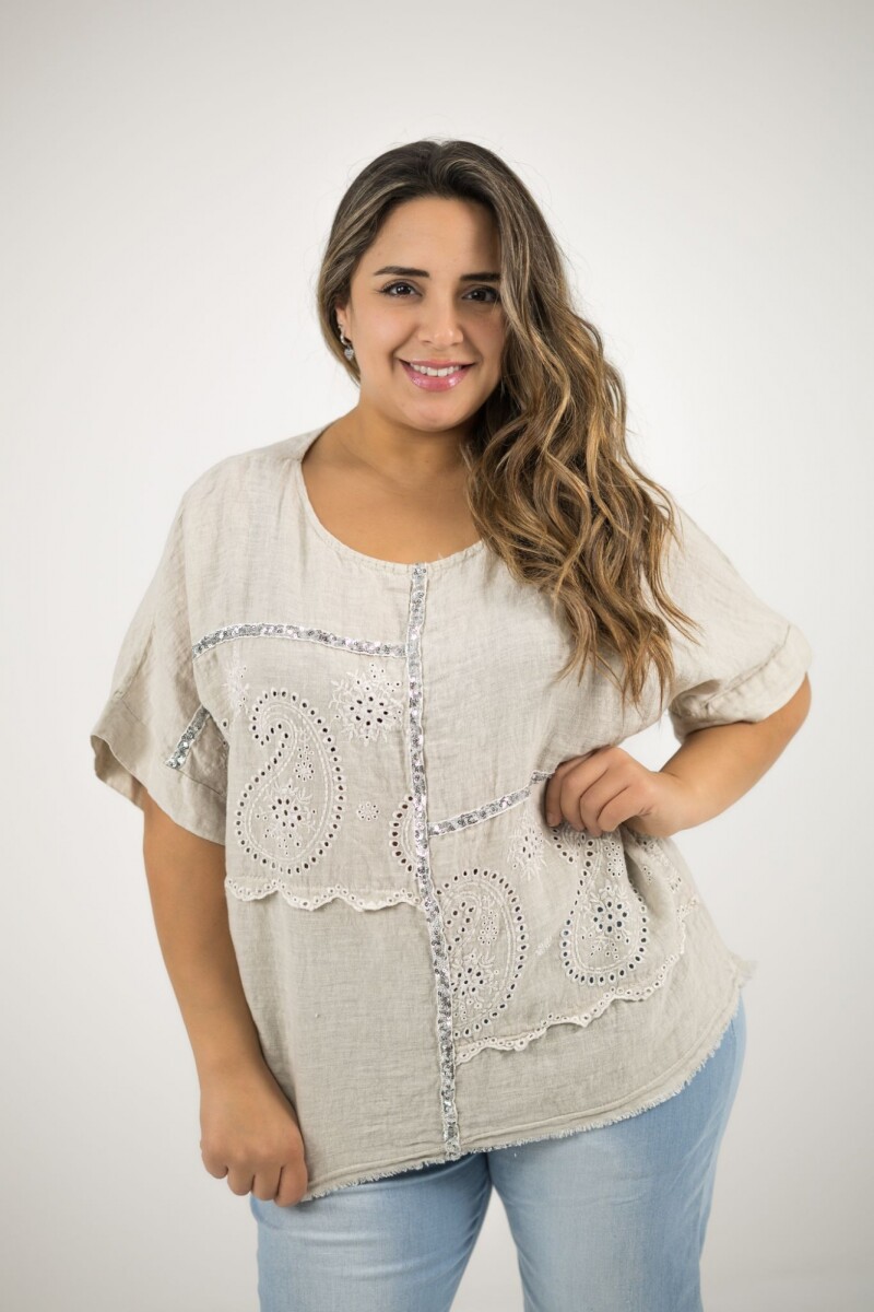 Blusa 100% lino con broderie y brillo - Beige 