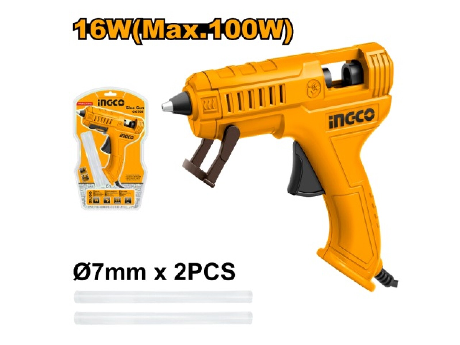 PISTOLA SILICONA CALIENTE 16W 100W MAX 7MM INGCO 