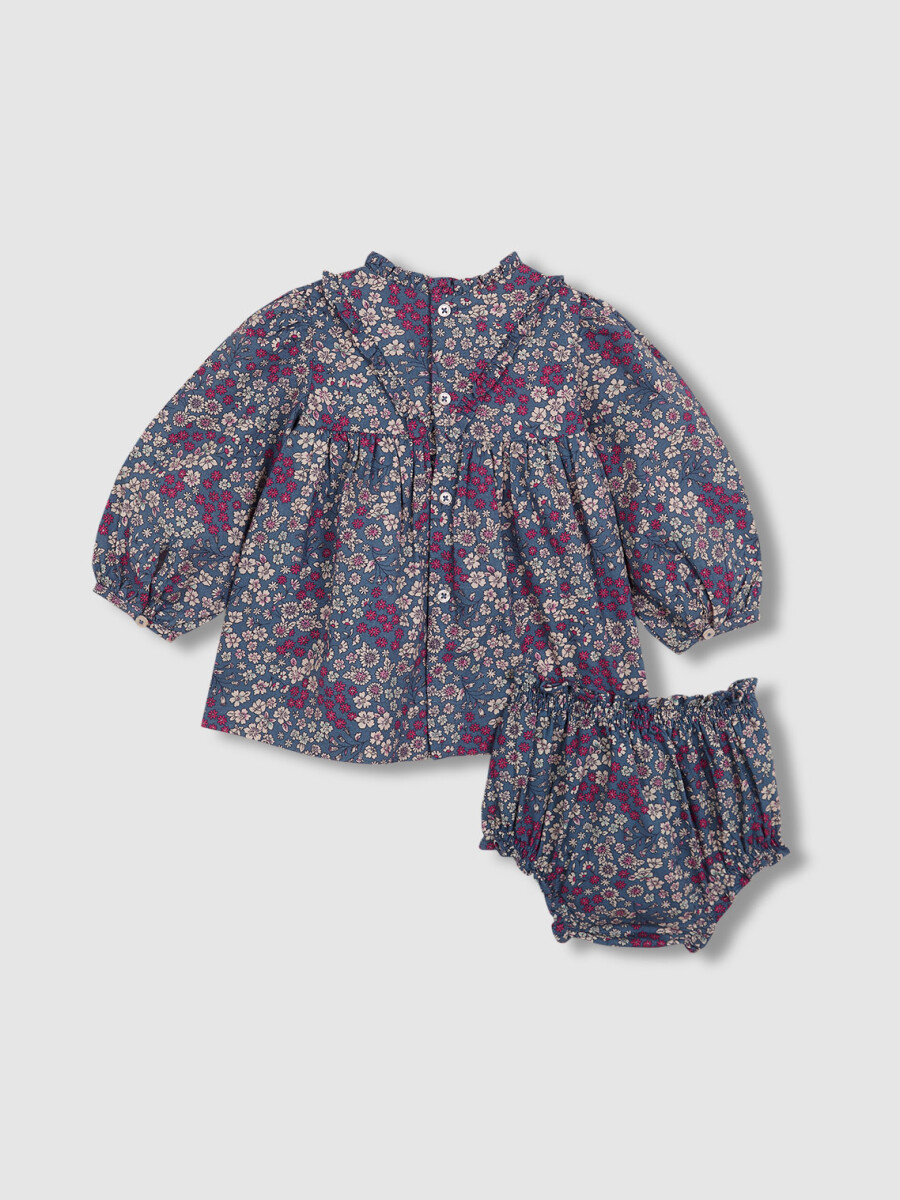 Vestido Flores Con Volante Azul Viejo