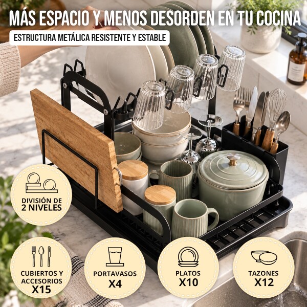 Escurridor Seca Platos Vajilla 2 Niveles Con Bandeja Drenaje Agua Cocina Imback Color Negro Escurridor Seca Platos Vajilla 2 Niveles Con Bandeja Drenaje Agua Cocina Imback Color Negro
