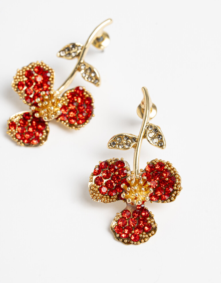 Aros Colgantes Cortos Strass Aros Colgantes Flor Strass - Rojo Medio