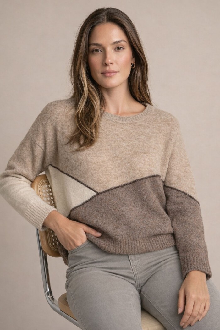 Sweater Intarsia Color Block Marrón
