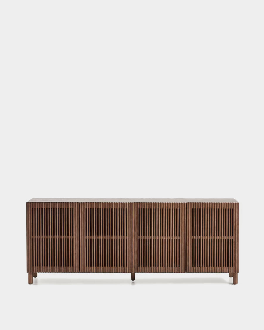 Aparador Beyla 4 puertas de chapa y madera maciza de fresno con acabado tono nogal 180 x 71,5 cm Aparador Beyla 4 puertas de chapa y madera maciza de fresno con acabado tono nogal 180 x 71,5 cm
