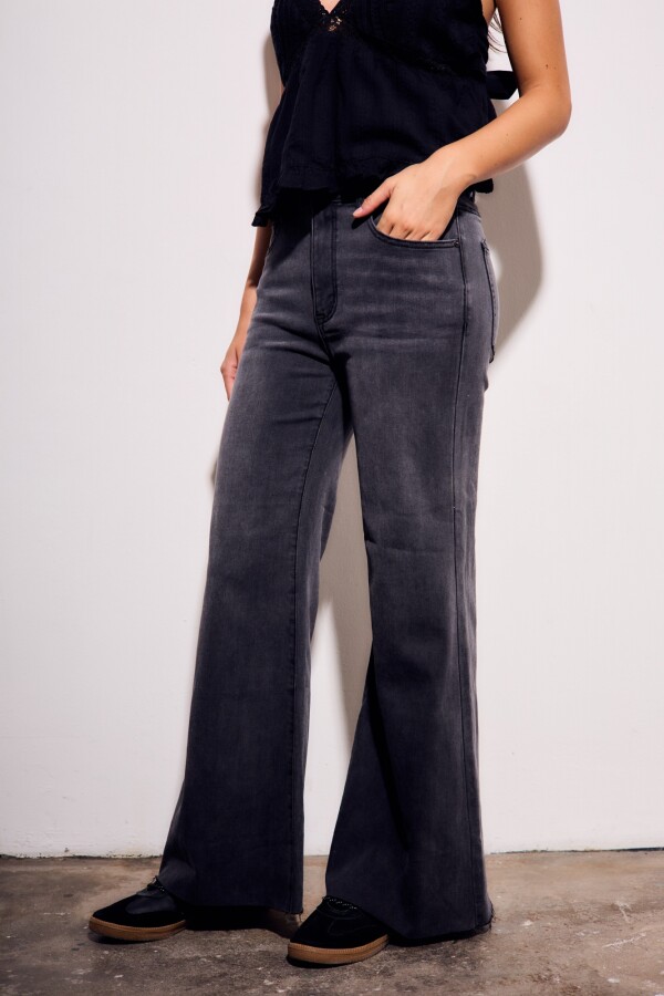 Jean Flared Wide Leg Denim Gris