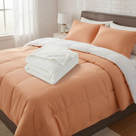 Set Invierno Acolchado Plumas King + Manta Frazada Polar Salmón/blanco