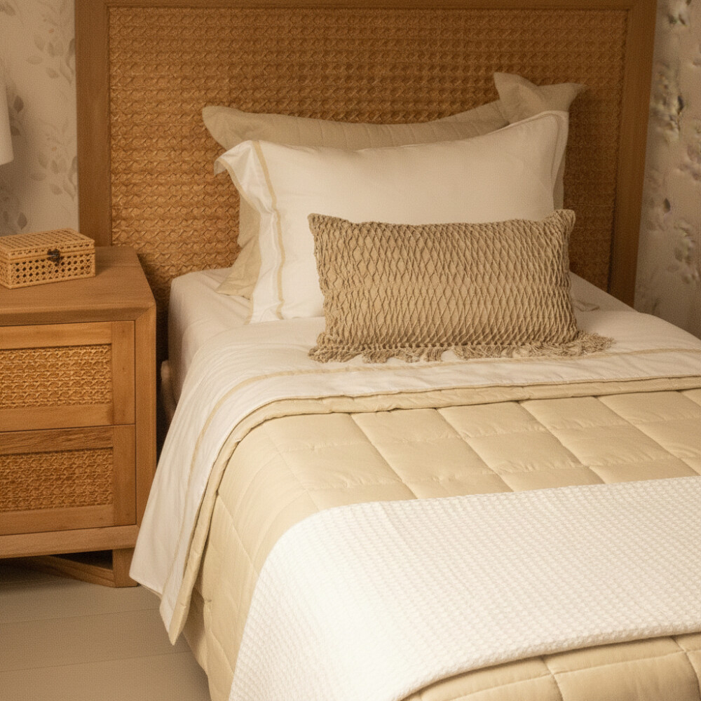 Juego de Sabana 1 Plaza Basic Color Block 200 Hilos - Pilar Blanco/Beige