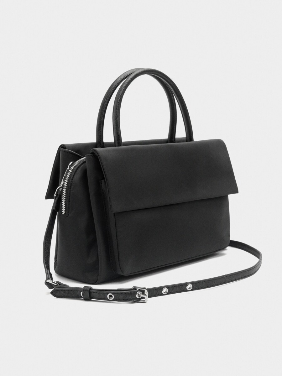 Bolso Tote De Nylon Con Doble Solapa negro
