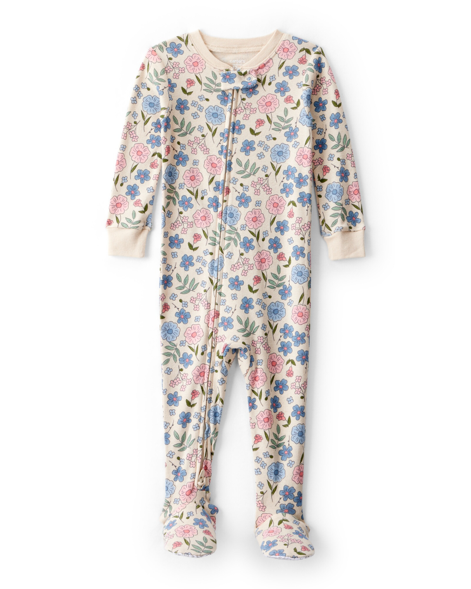 Pijama una pieza de algodón, con pie, beige, diseño floral Sin color