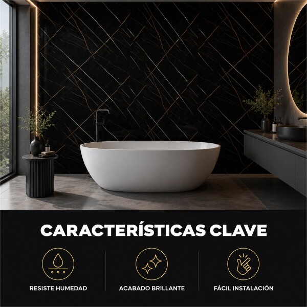 Placa PVC Símil Mármol 2,44x1,22m 3mm Resistente Pack x3 Mármol Negro 2